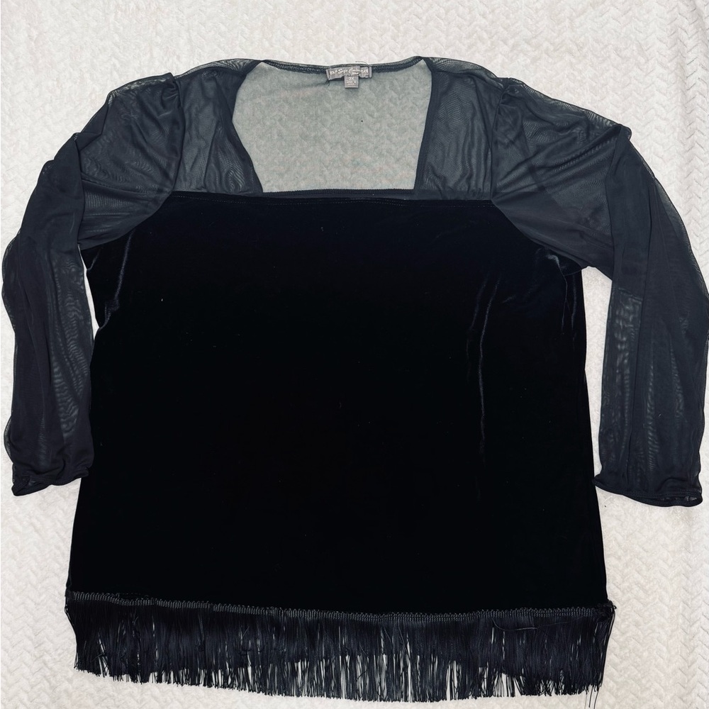 Suzie Couture Velvet Square Neck Sheer Sleeve Fringe Hem 3X Glam Elegant Top